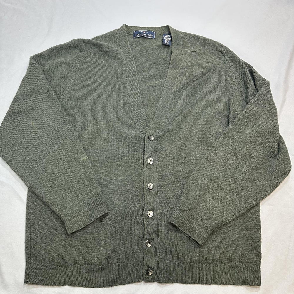 Vintage John Ashford Sweater Mens L Green Wool Cardigan Lambswool Cottage